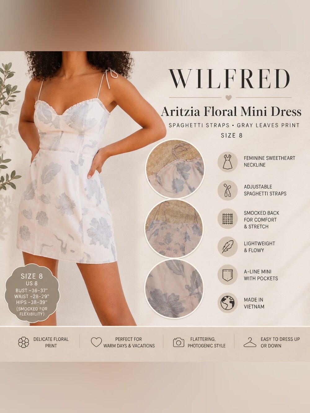 Wilfred Aritzia Floral Mini Dress Spaghetti Straps Gray Leaves Print Sz 8